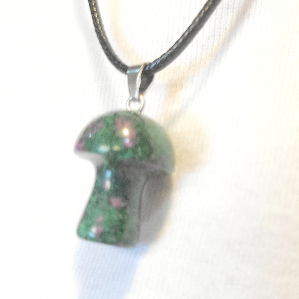 Natural Ruby Zoisite 1/2" Mushroom Crystal Pendant Necklace - Picture 2 of 5